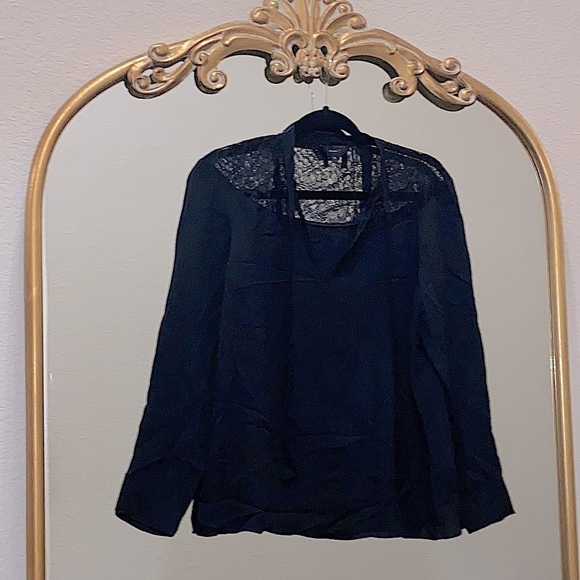 THEORY Long-Sleeve Lace Yoke Tie Neck Top Size S - Picture 5 of 9